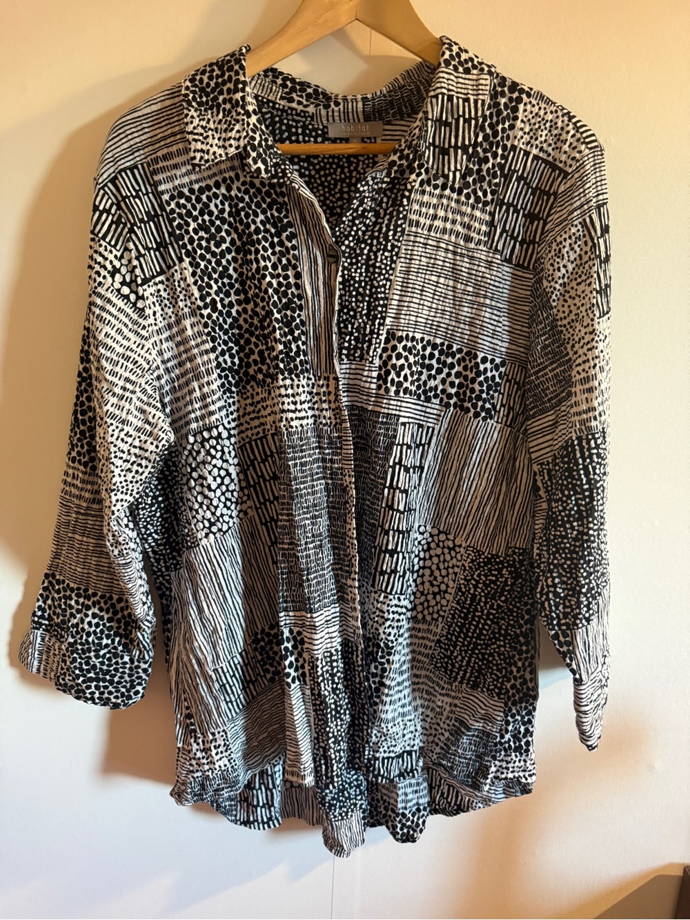 Habitat XL Abstract Patchwork Cotton Tunic Top Black White Roll Sleeve